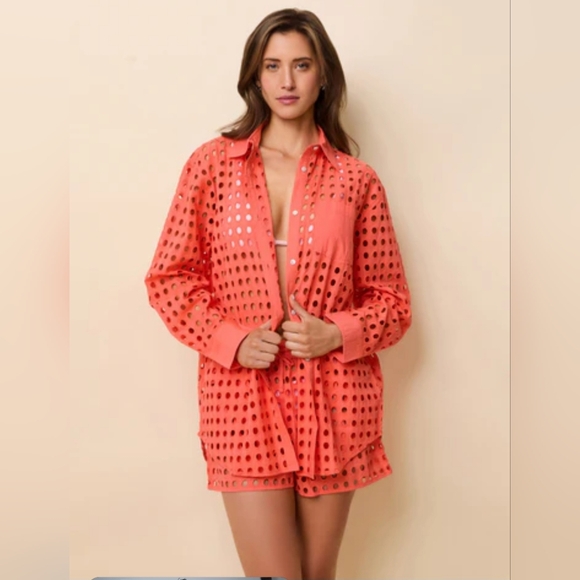 Solid & Striped Oxford Tunic Classic Eyelet Coral - Picture 1 of 11